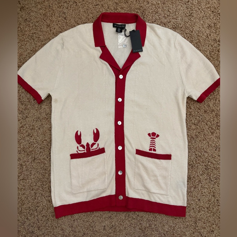 NWT AOR Art Of Rhetoric Cardigan Sweater  Embroidered Red Lobster Size Med